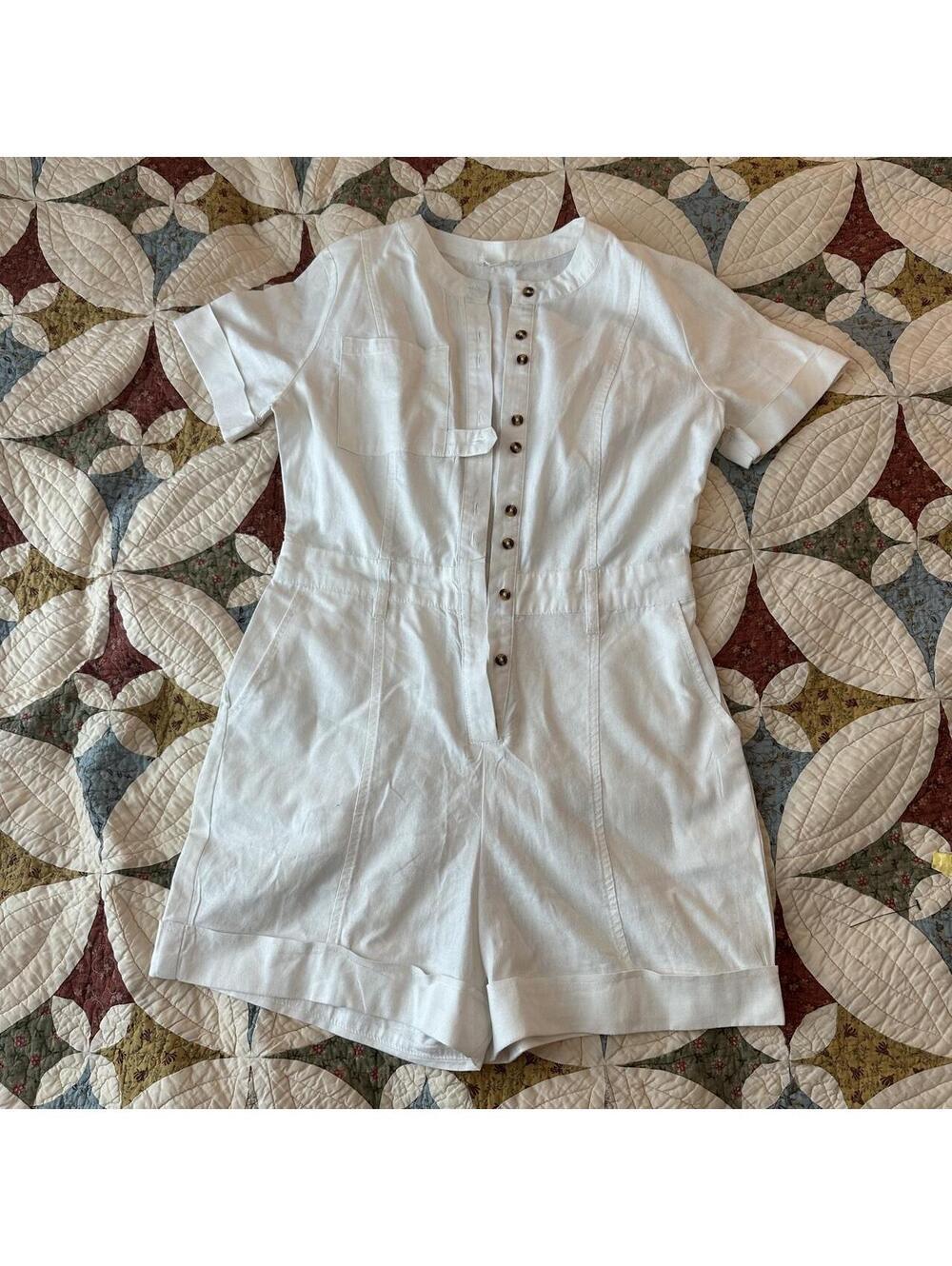 A Loves A White Utility Linen Blend Button Romper Linen cottagecore summer Sz S